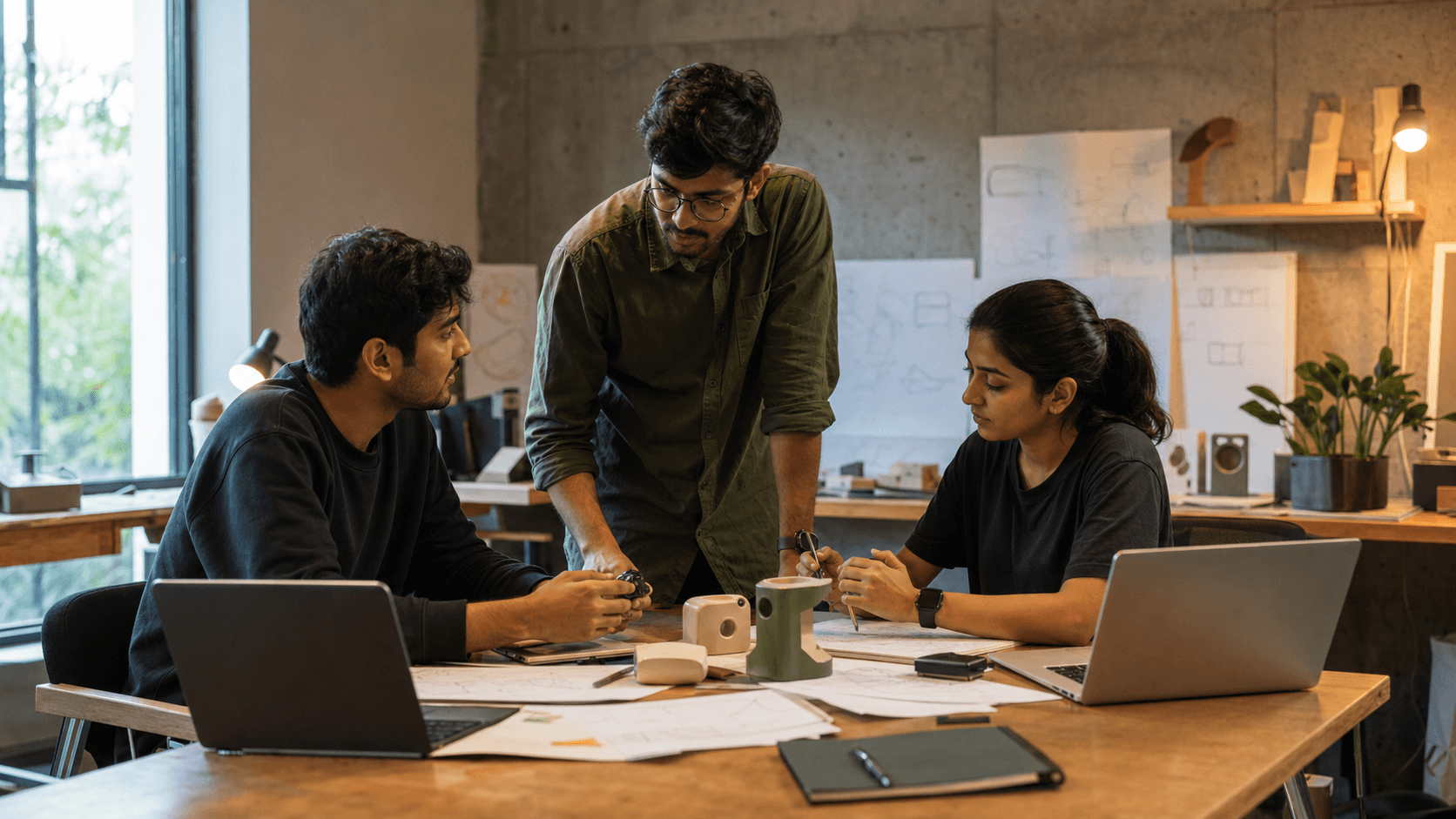 An Indian product team building a physical prototype together in a Hyderabad studio